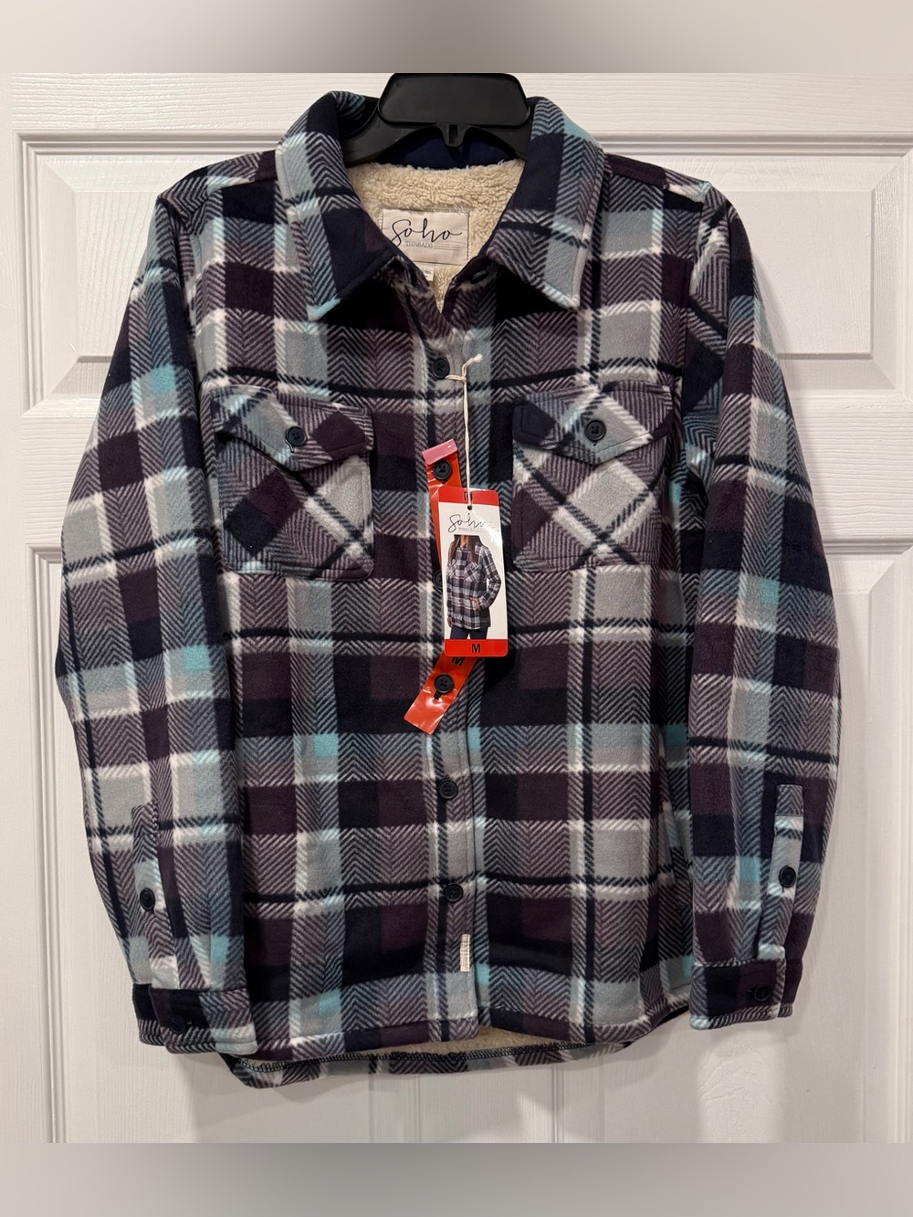 NWT Soho Women Med Button-Up Plaid Sherpa-Lined Shacket  Black/Purple/Light Blue